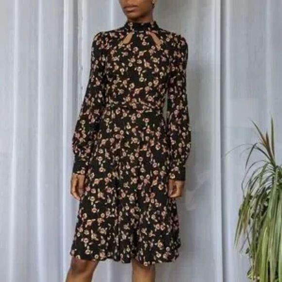 MODCLOTH Enjoy Every Moment Midi Dress Black Floral Long Sleeve Size 22 No Belt - Picture 2 of 12